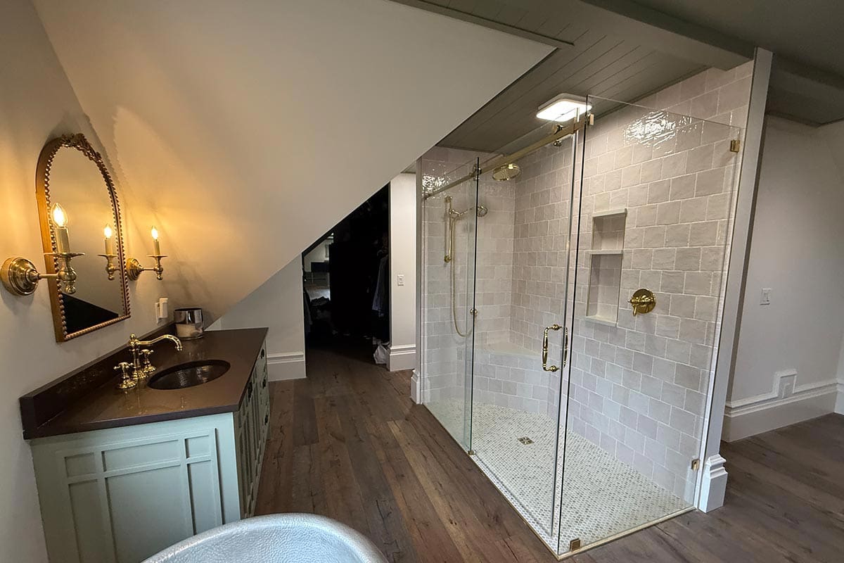 Custom vanity and tile detail in a bathroom renovation by Batzbuild