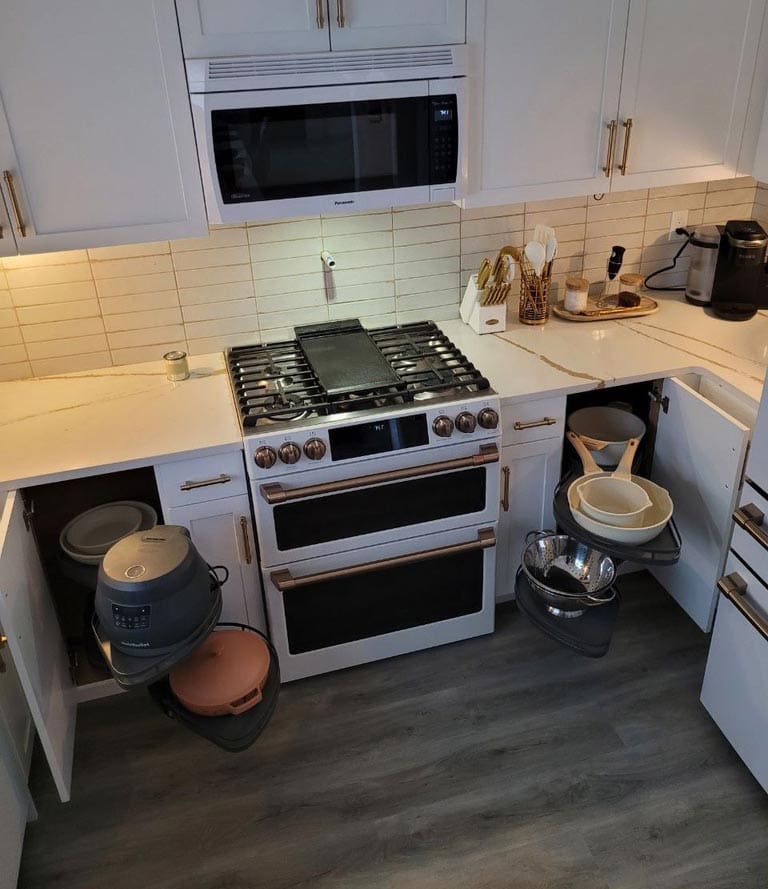 Custom storage inside the kitchen cabinets of a Chilliwack project